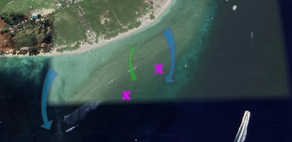 Surf spot map of Gili Trawangan showing the 'Secrets' right-hand reef break and the deep-water channel for paddling out.