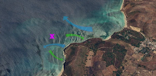 Satellite diagram of Inside Ekas Bay in East Lombok featuring the mellow A-frame peak and long, peeling left-hand walls.