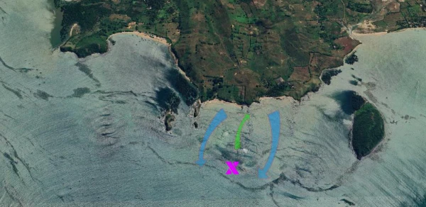 Wave map of Inside Gerupuk reef break showing the gentle right-hand rolling wave and boat access points in the bay.