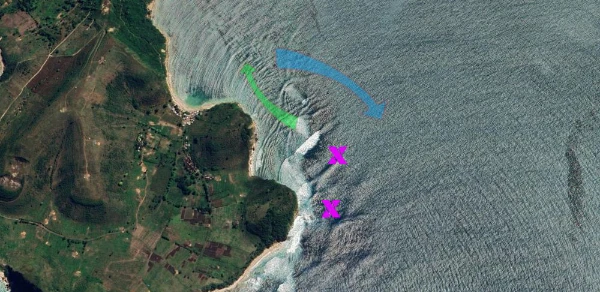Technical diagram of Outside Gerupuk in South Lombok featuring the powerful right-hand walls and deep-water boat channel.