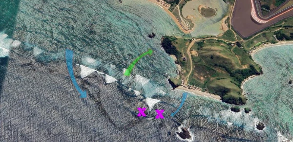 Satellite surf guide for Seger in Kuta Lombok showing the punchy right-hand reef peak and Princess Mandalika landmark area.