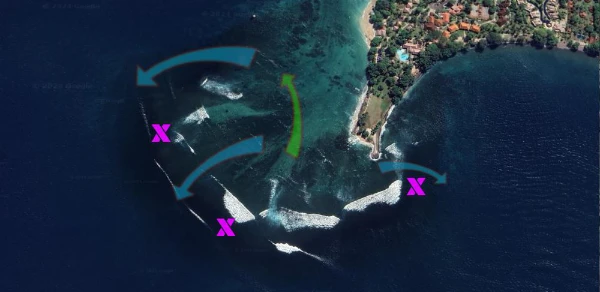 Wave map of Senggigi Reef in West Lombok showing the powerful right-hand break and the optimal swell wrap direction.