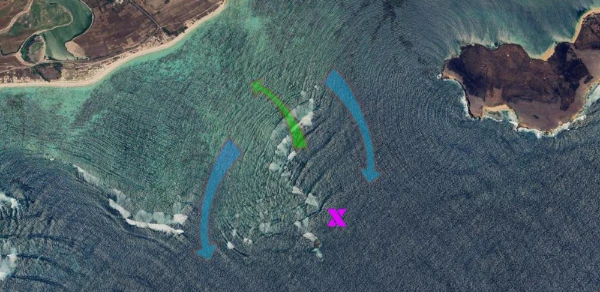 Satellite surf map of Sereweh in East Lombok showing the fast right-hand peak and the rugged reef formation.
