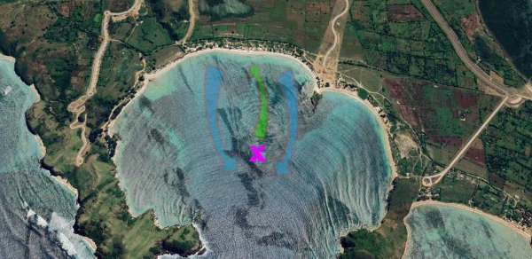 Wave map of Tanjung Aan in Lombok showing the central reef longboard peak and the sheltered turquoise bay.