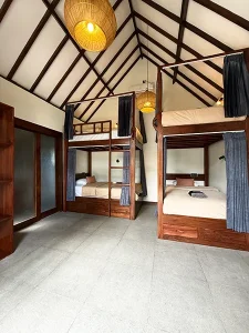 4-bed dorm bed setup at LMBK Surf House Lombok